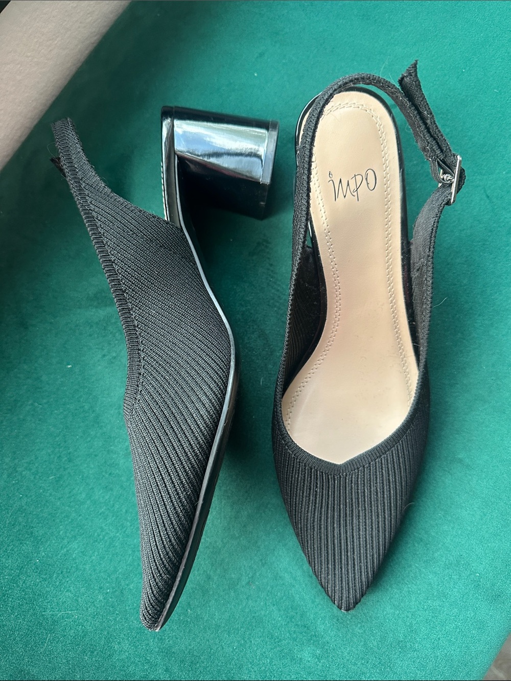 Impo Black Pointed Toe Slingback Block Heel Pumps